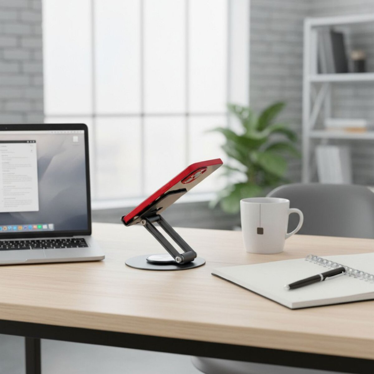 Una scrivania con un laptop, un supporto per telefono con telefono rosso, una tazza di caffè, un blocco note e una penna. Una finestra e una libreria sullo sfondo.
