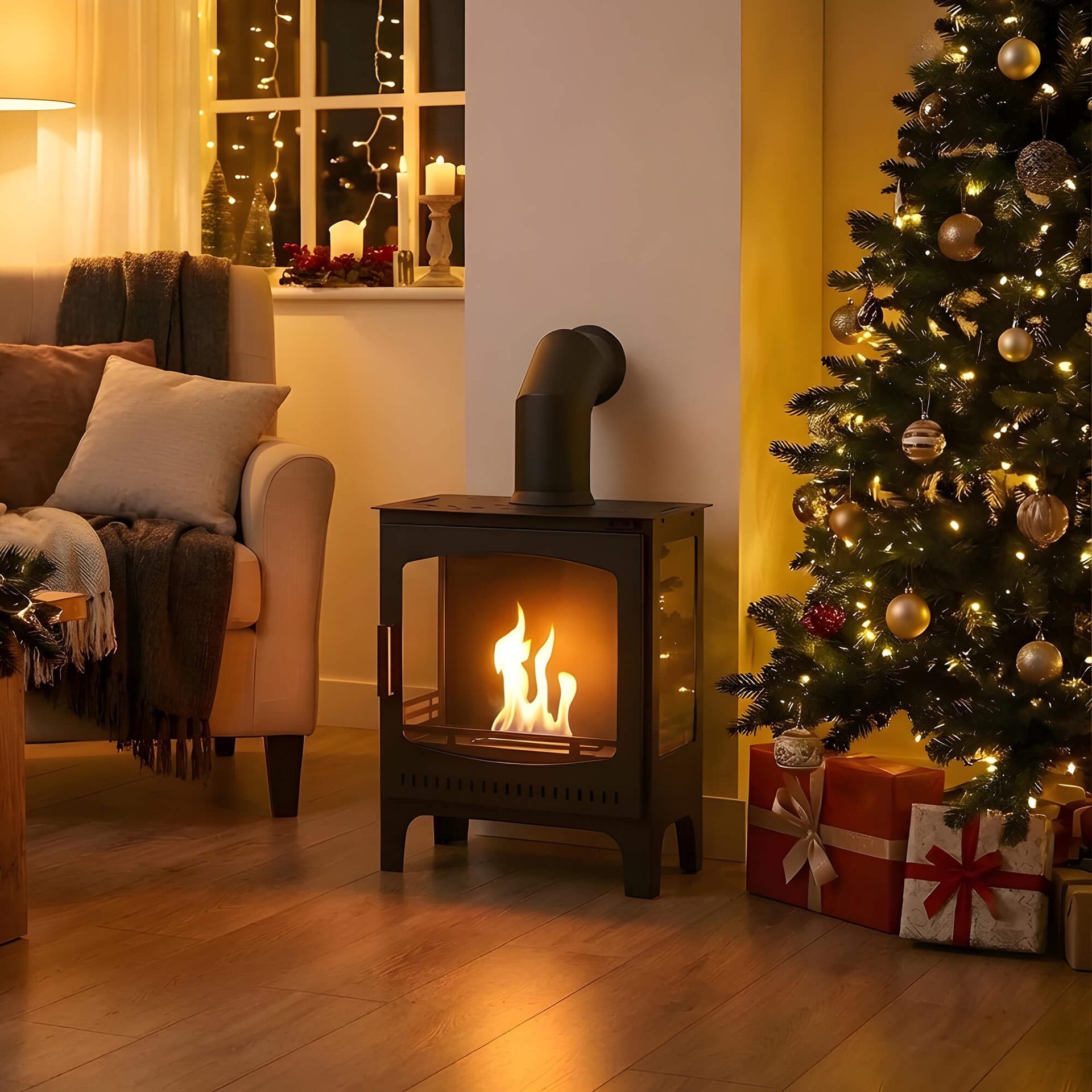 Gezellige woonkamer met open haard, kerstboom, cadeaus en bank. Lampen en kaarsen voegen warmte toe aan de vakantiescène.