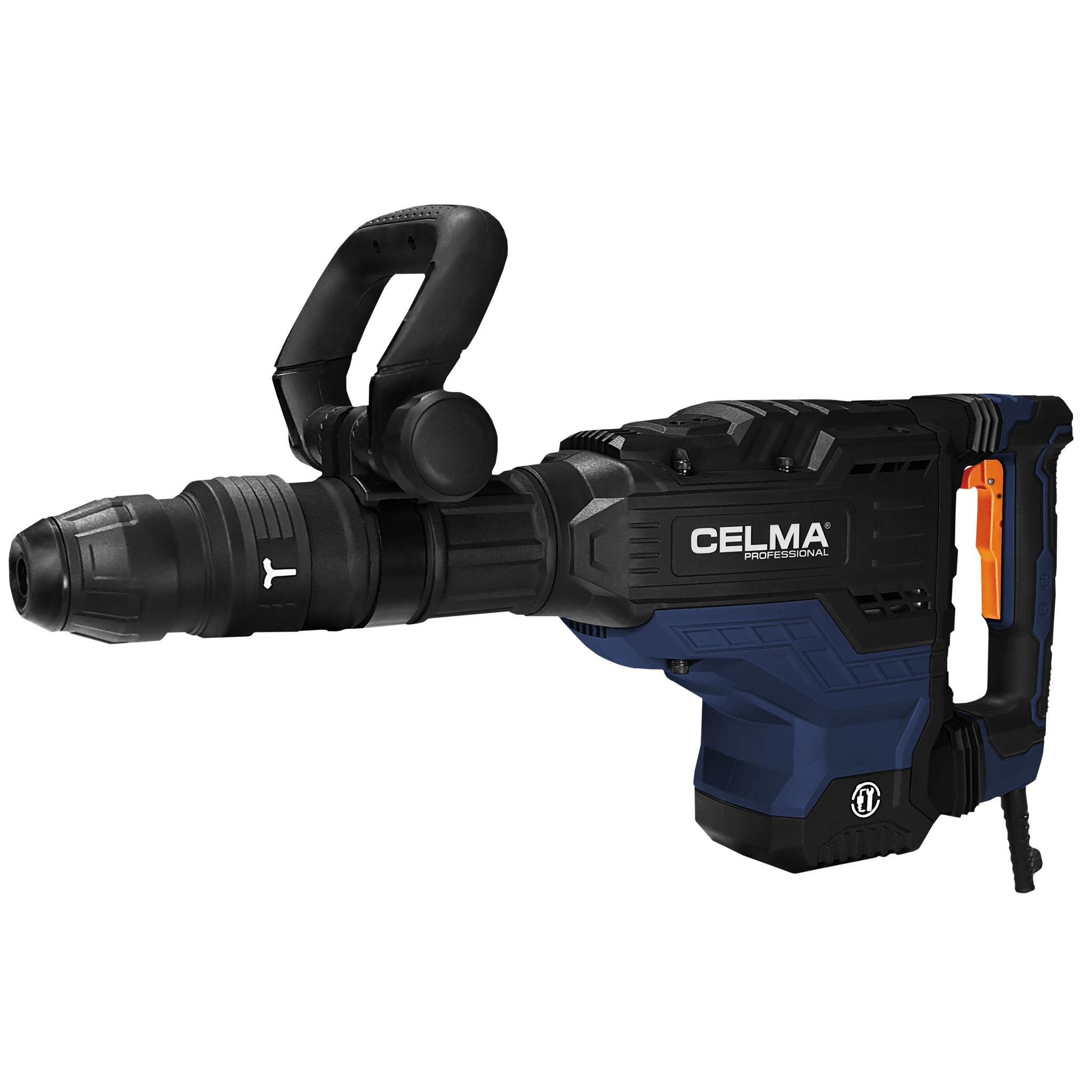 Czarny i niebieski młot wyburzeniowy CELMA. Ma czarny uchwyt i pomarańczowy przycisk.