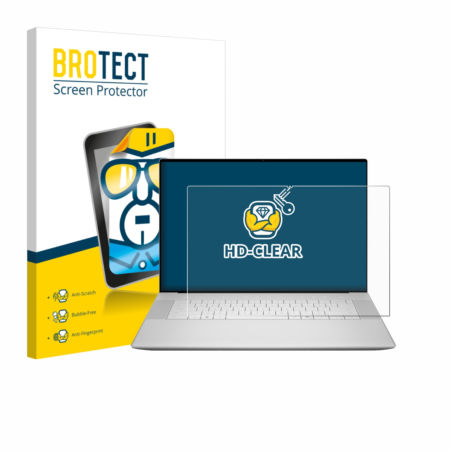 Ein Laptop mit Displayschutzfolie, eine Schachtel mit dem Markennamen BROTECT und Icons für kratzfest, blasenfrei und Anti-Fingerabdruck.