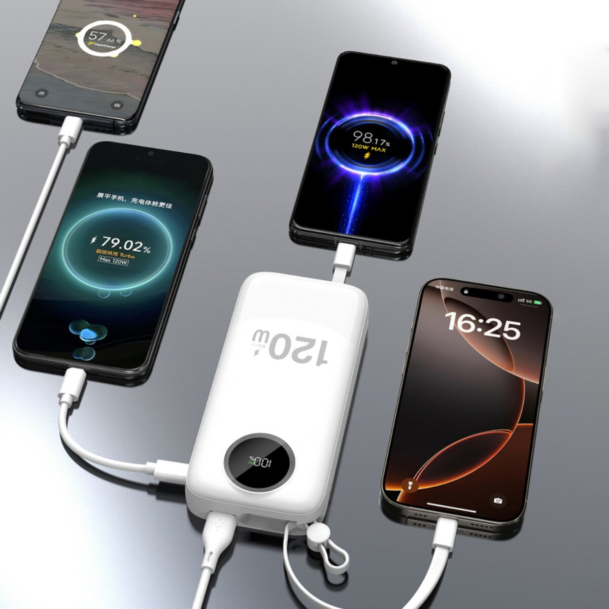 Eine weiße Powerbank lädt vier Smartphones. Die Telefone zeigen Ladeprozentsätze an. Die Powerbank hat ein digitales Display, das die Batterie anzeigt.