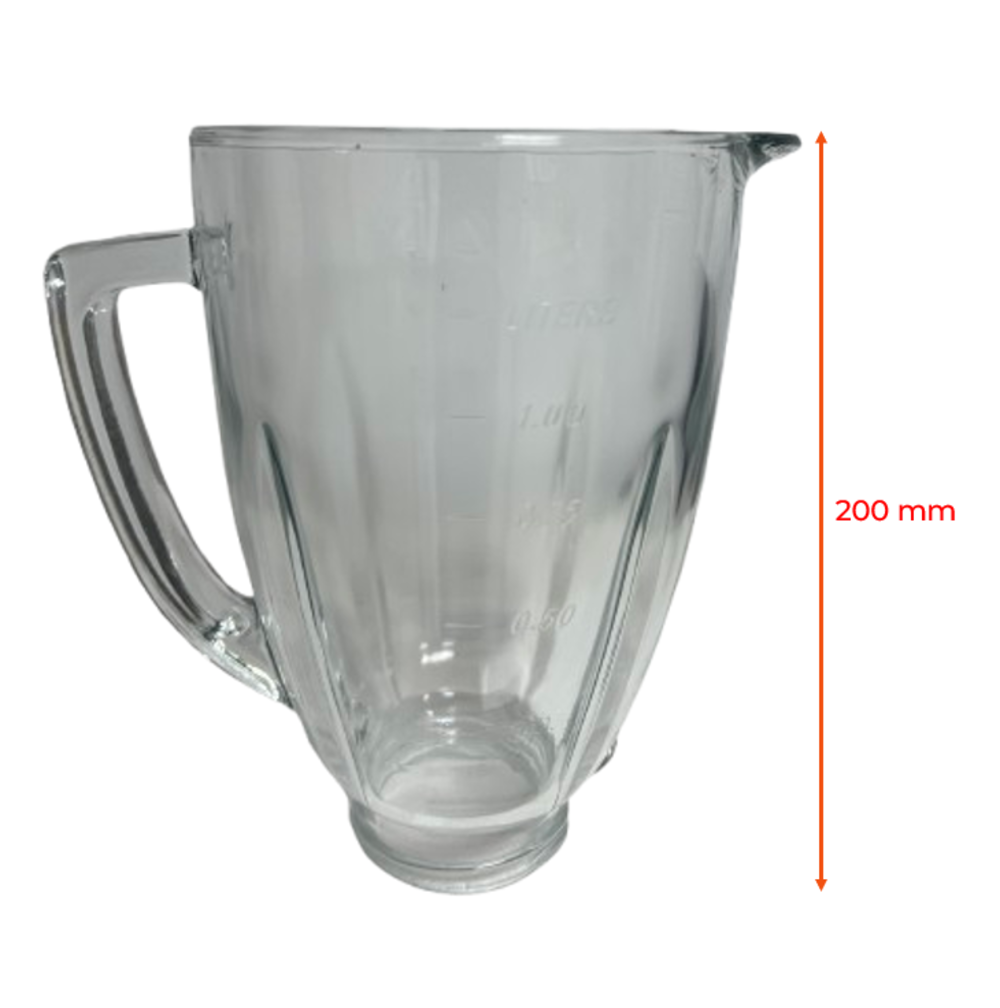 Un vaso de licuadora de vidrio transparente con asa, marcas de capacidad y boquilla. Una línea roja indica 200 mm de altura.