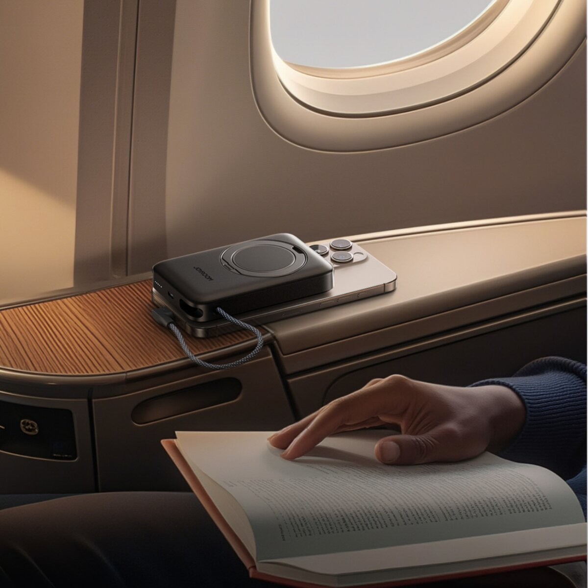 Eine Person liest im Flugzeug ein Buch, mit Telefon und Ladegerät auf dem Tisch. Im Hintergrund ist ein Fenster.