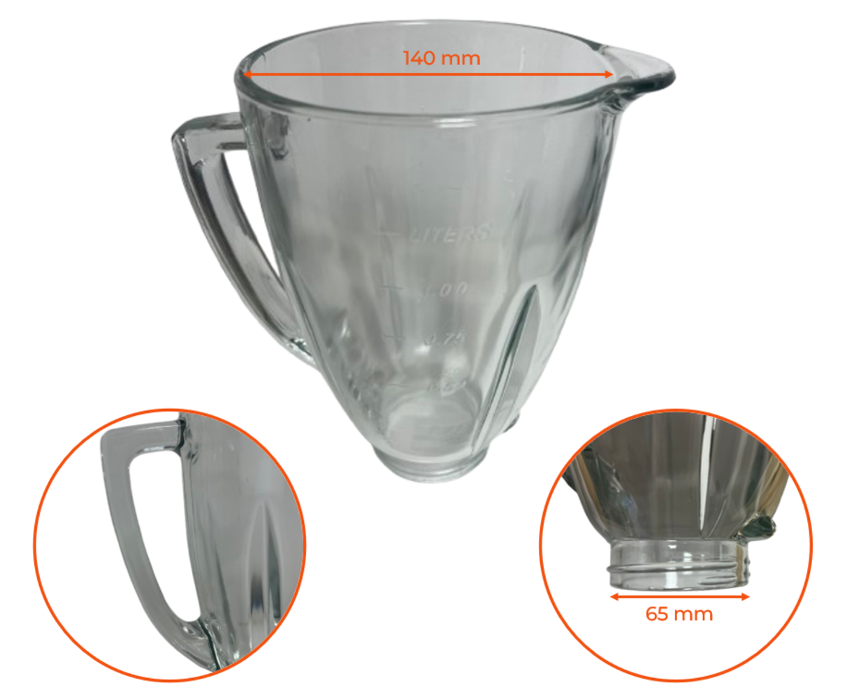 Un vaso de licuadora de vidrio transparente con asa, mostrando medidas. Dimensiones: 140 mm arriba, 65 mm abajo.