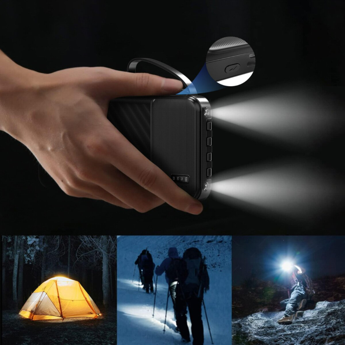 Mano che tiene una torcia nera che emette luce intensa. Inserti mostrano tenda, escursionisti e persona con lampada frontale nell'oscurità.