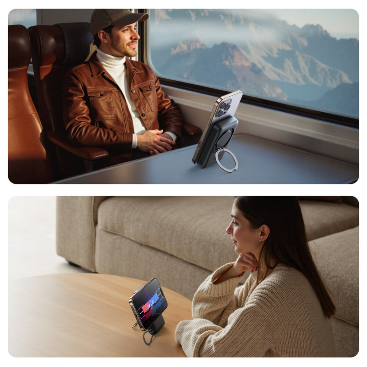 Ein Mann im Zug schaut aus dem Fenster, ein Telefon mit Ringständer steht auf dem Tisch. Eine Frau sitzt neben einem Telefonständer.