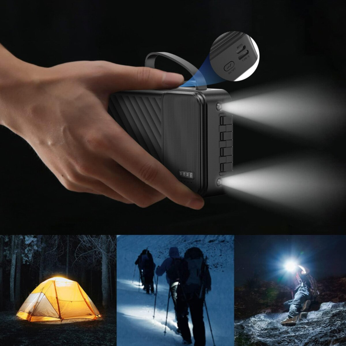 Una mano tiene in mano un dispositivo nero con luci. Sotto, una tenda illuminata, escursionisti con bastoncini e un escursionista con una lampada frontale.