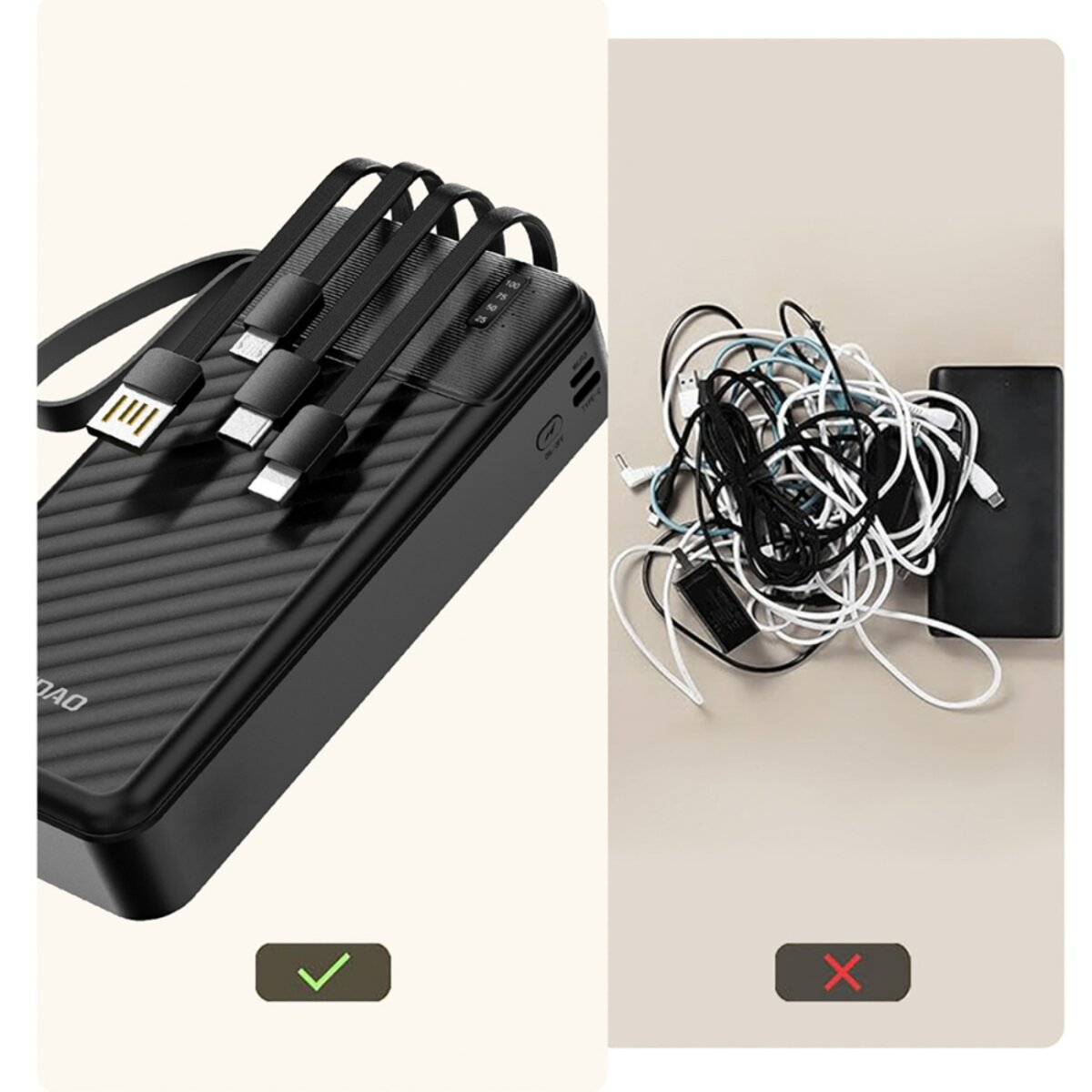 L'immagine mostra un power bank con cavi ordinati contro un mucchio disordinato di cavi e un power bank. Il power bank ha un segno di spunta.