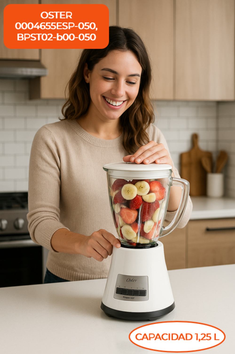 Una mujer sonríe, sosteniendo una licuadora llena de fresas y plátanos. La licuadora es blanca. Fondo de cocina.