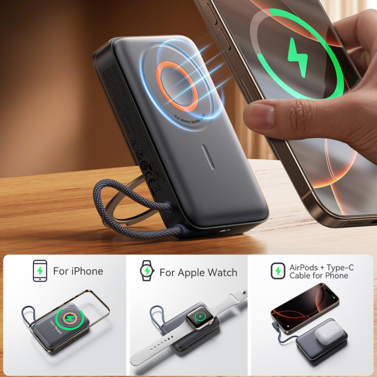 Eine Powerbank mit Telefon- und kabellosen Ladesymbolen. Das Telefon wird aufgeladen. Weitere Artikel befinden sich ebenfalls auf dem Schreibtisch.