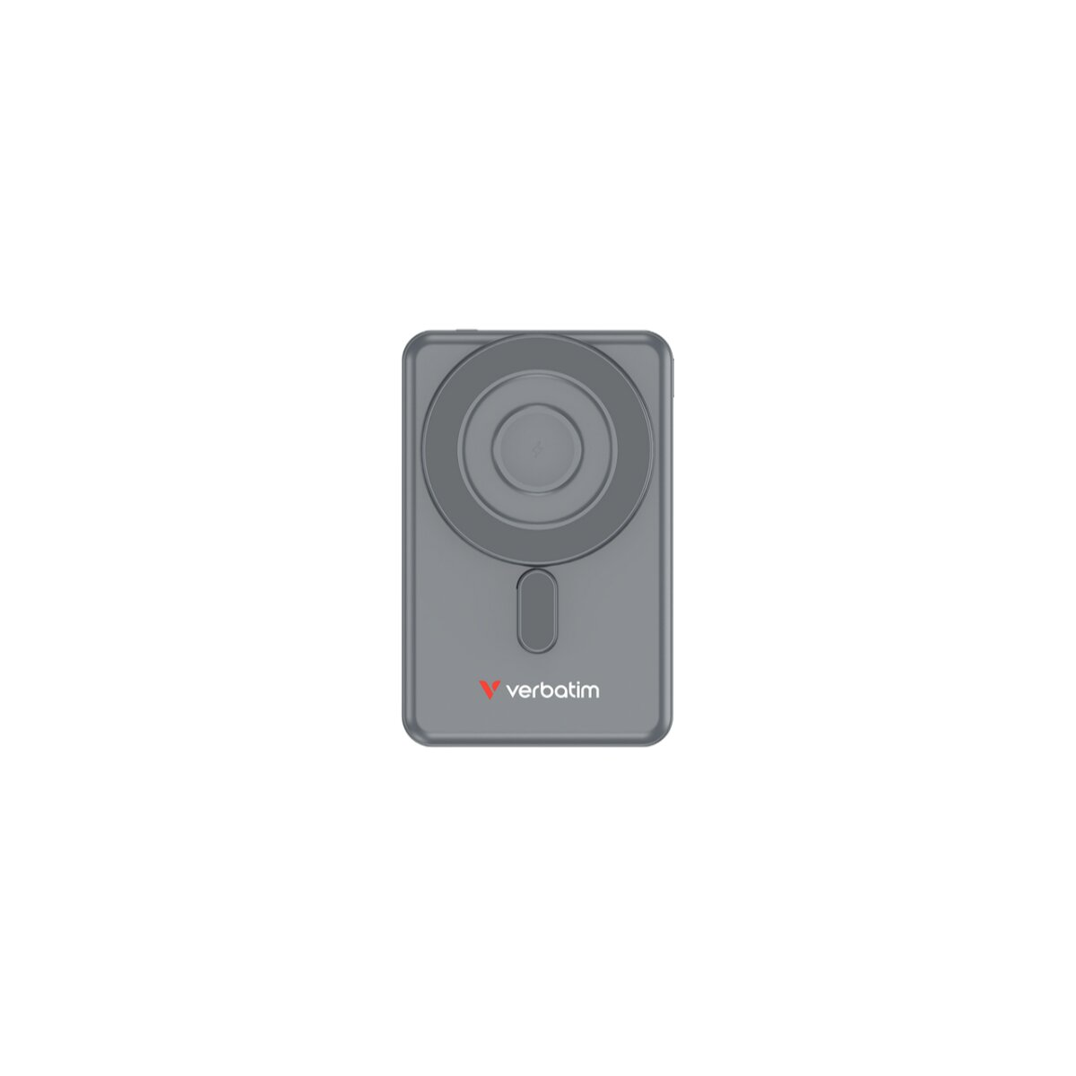 Un chargeur sans fil gris Verbatim. Il a un socle de chargement circulaire et un petit indicateur ovale. Le logo est rouge.