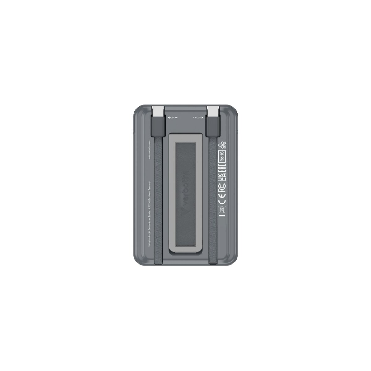 Une batterie externe Verbatim grise est montrée de dessus. Elle possède un port USB-C et le logo Verbatim. Des câbles sont attachés des deux côtés.