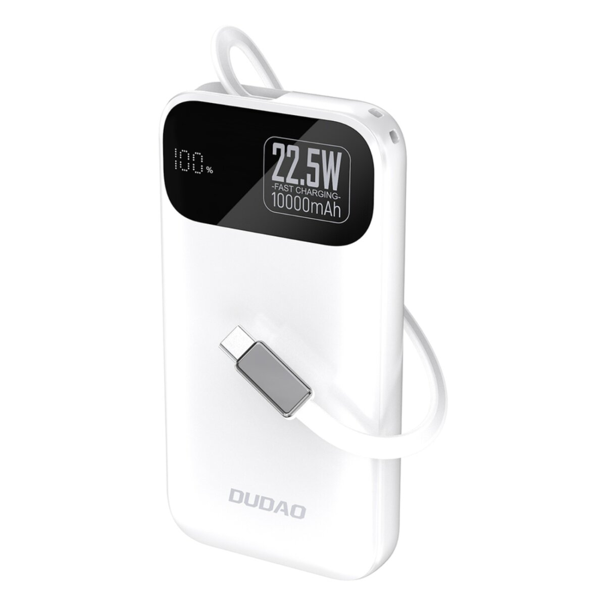 Weisse Powerbank mit Bildschirm, der 100% und 22,5W Schnellladung anzeigt. Ein USB-C-Kabel ist angeschlossen. Markenname ist DUDAO.
