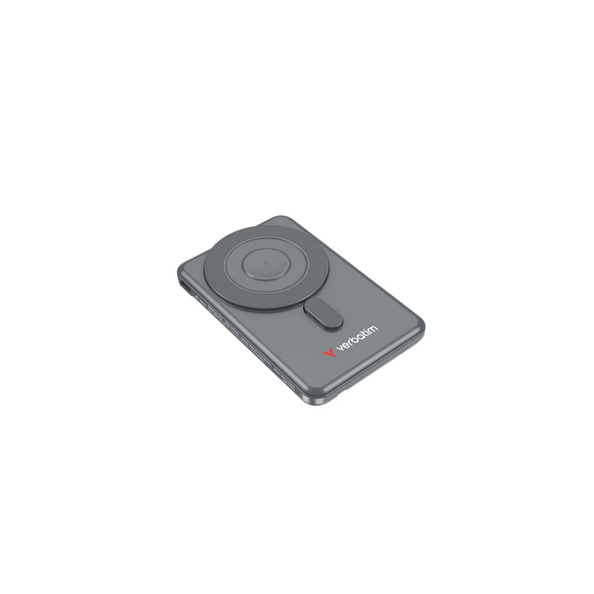 Un chargeur sans fil Verbatim gris. Il possède un socle de chargement circulaire avec une petite fixation rectangulaire.