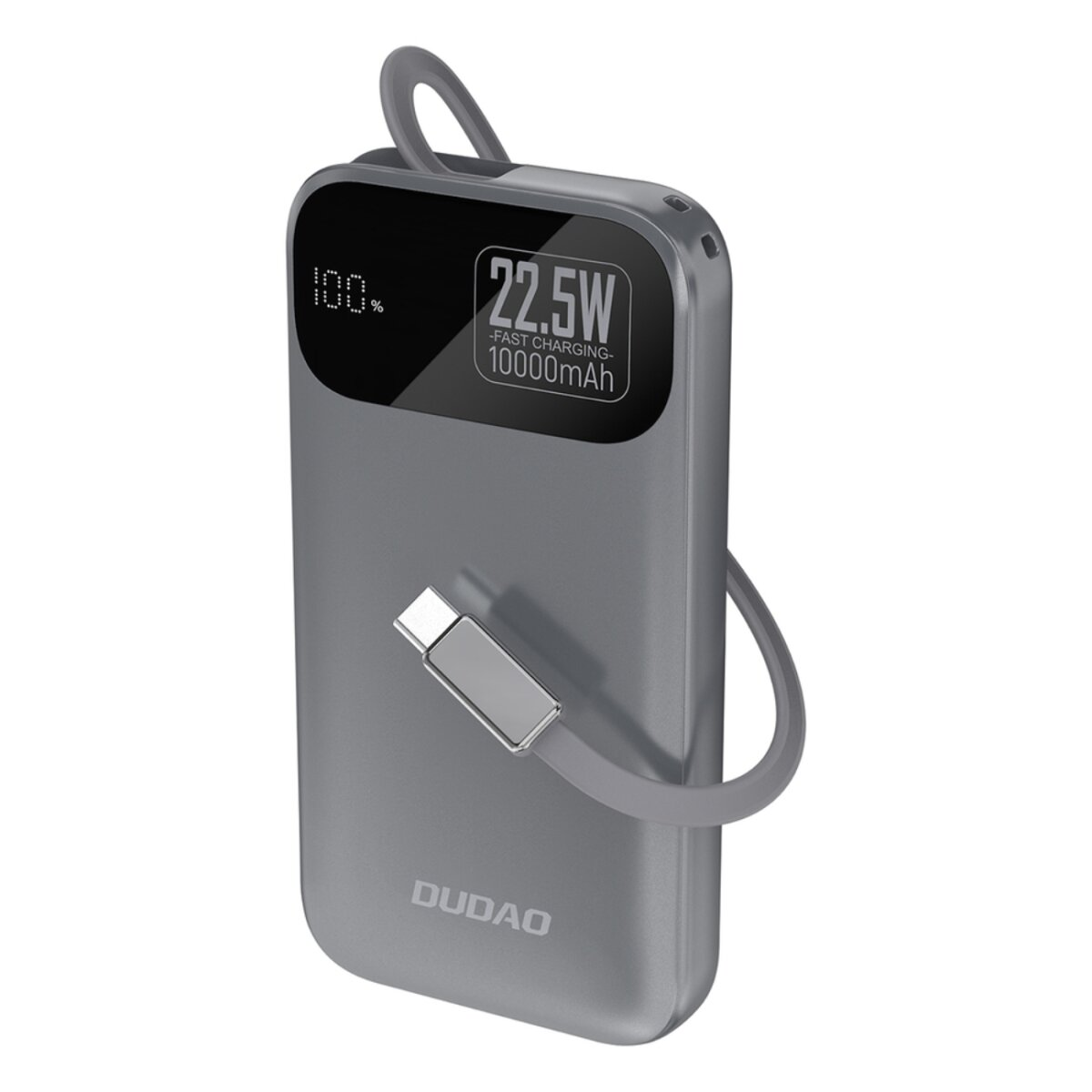 Un power bank grigio con display digitale che mostra 100% e ricarica rapida da 22,5W. Ha un cavo integrato e il marchio DUDAO.