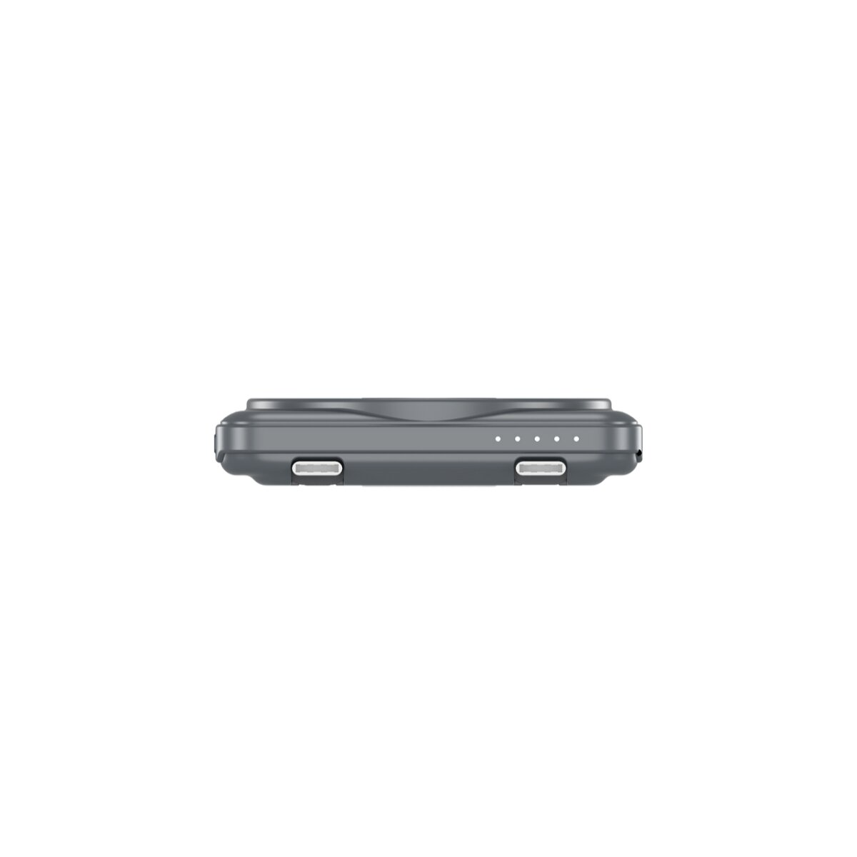 Un appareil rectangulaire gris, peut-être un chargeur, avec une série de petites lumières blanches et deux ports. Le fond est blanc.