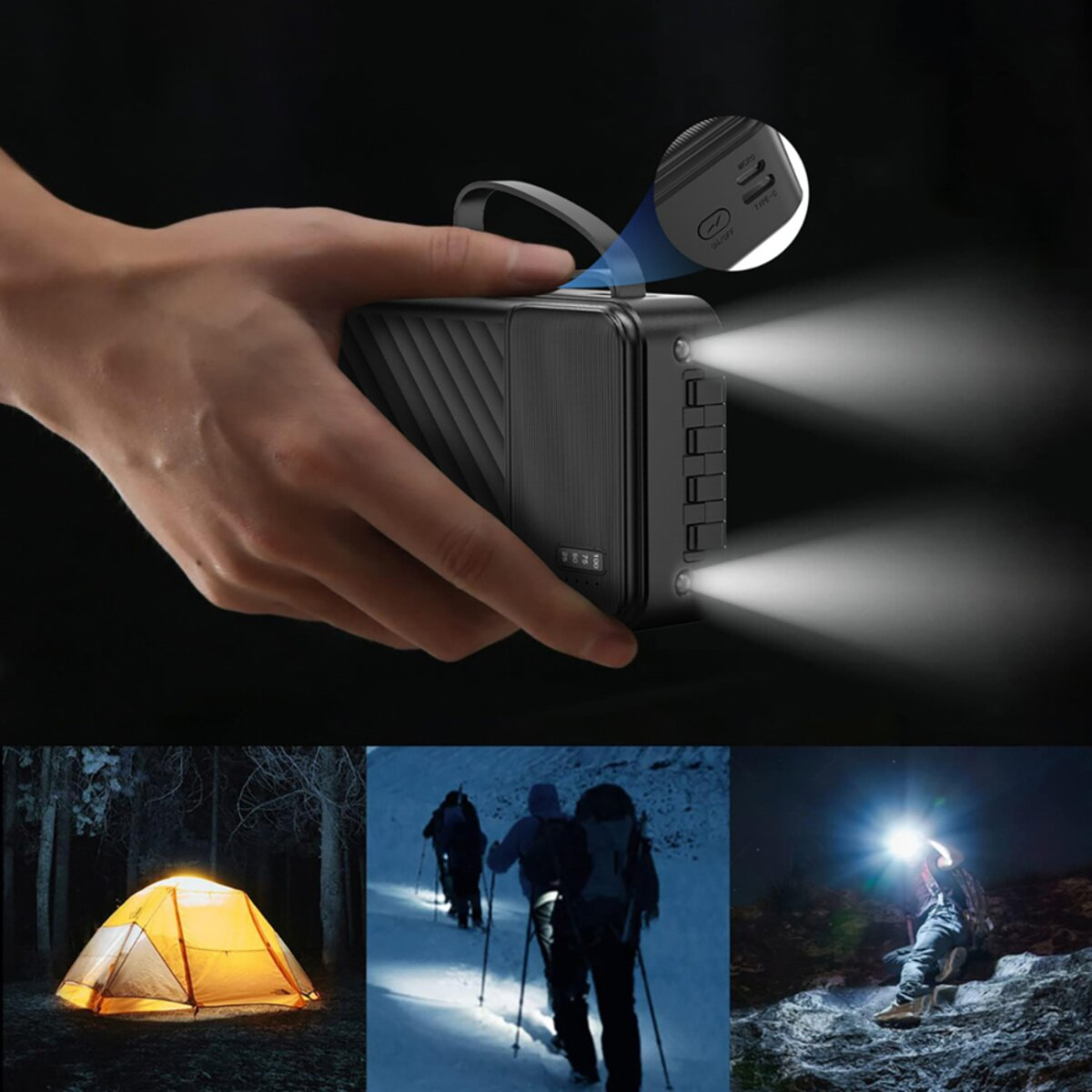Hand hält eine schwarze Taschenlampe mit hellen Strahlen. Unten sind ein Zelt, Wanderer und eine Person mit Stirnlampe abgebildet.