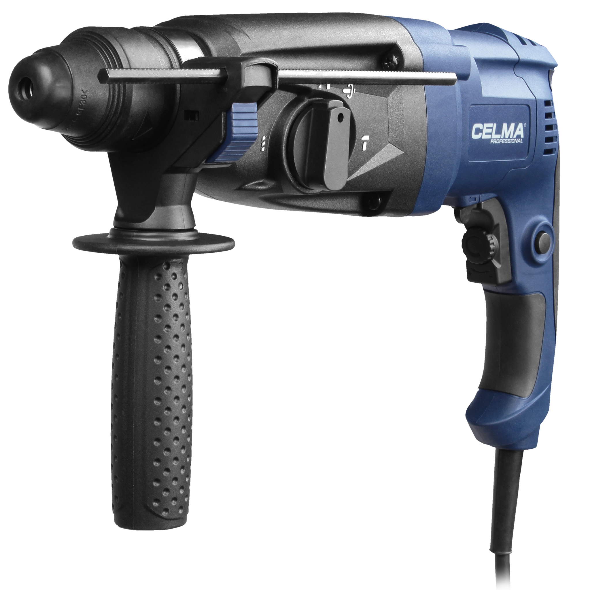 Niebiesko-czarna wiertarka udarowa z czarnym uchwytem, z etykietą 'CELMA PROFESSIONAL'.