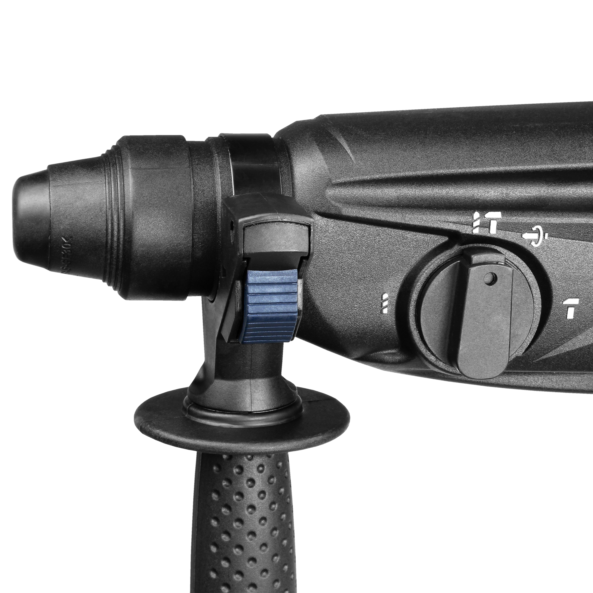 Zbliżenie czarnej wiertarki. Posiada niebieski przełącznik i teksturowany uchwyt. Tło to gradient.