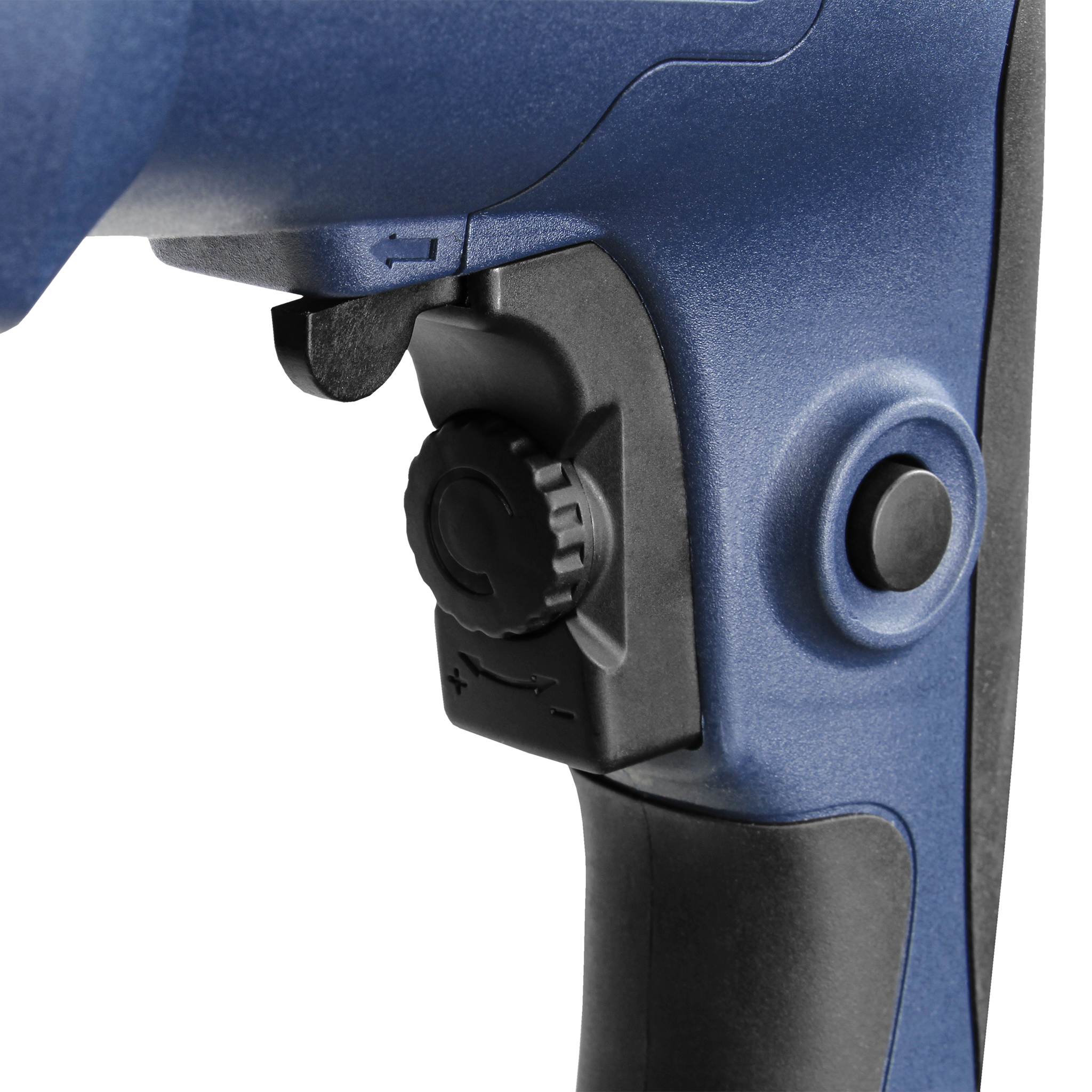 Zbliżenie niebiesko-czarnego narzędzia z pokrętłem i przyciskami. Tło jest białe z przekątnymi liniami.