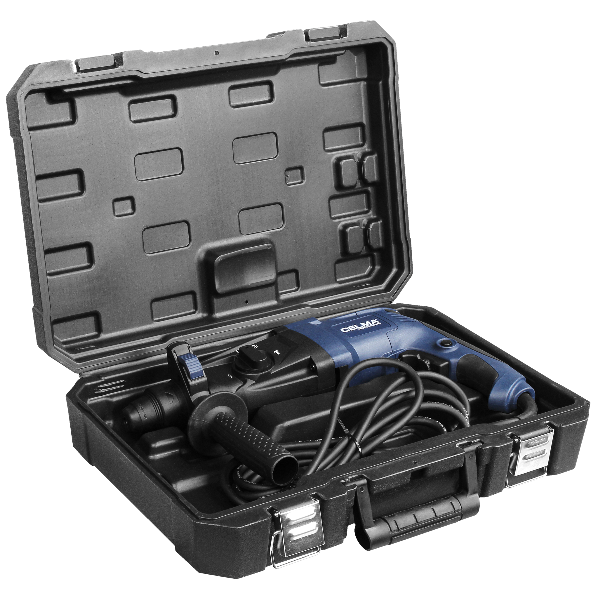 Niebiesko-czarny młot udarowy w otwartej czarnej walizce. Ma uchwyt, przewód i różne przegródki.