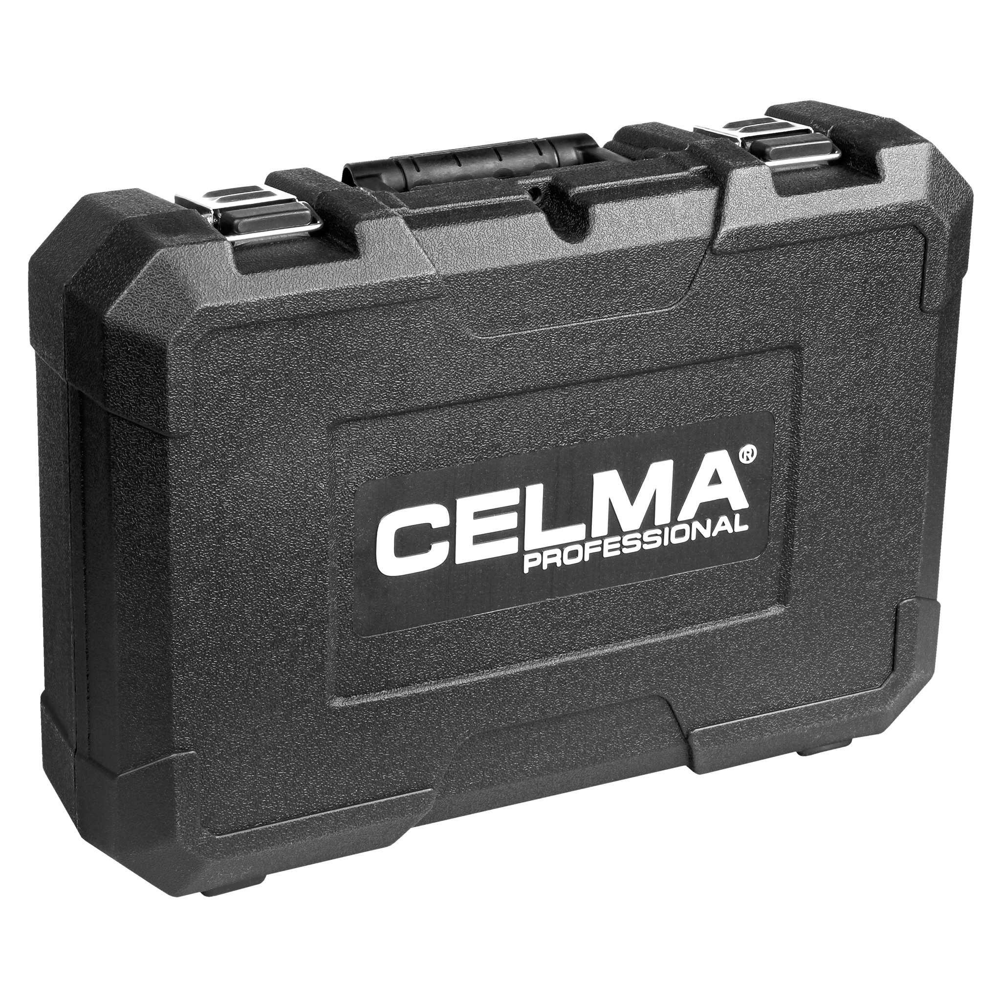 Czarna skrzynka narzędziowa CELMA professional. Posiada uchwyt, zatrzaski i białe logo CELMA.