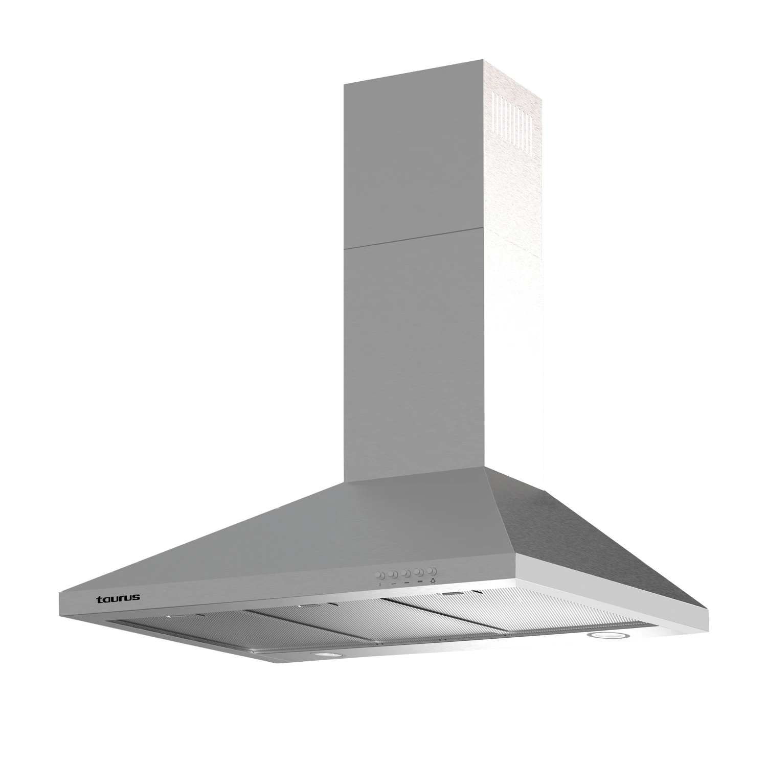 Una campana extractora Taurus de acero inoxidable, con botones de control y una luz. Tiene una chimenea y un filtro.