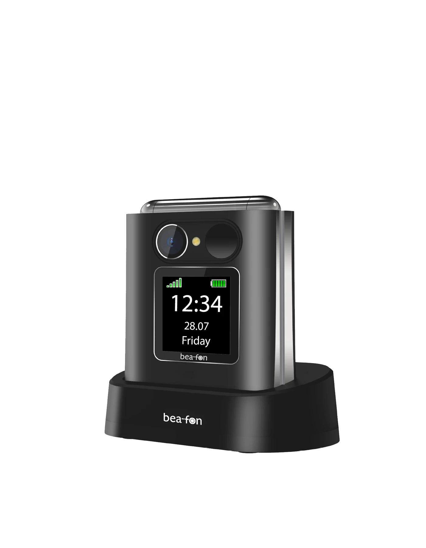 Czarny telefon z klapką bea-fon znajduje się na czarnej stacji ładującej. Ekran wyświetla godzinę, datę i poziom naładowania baterii.