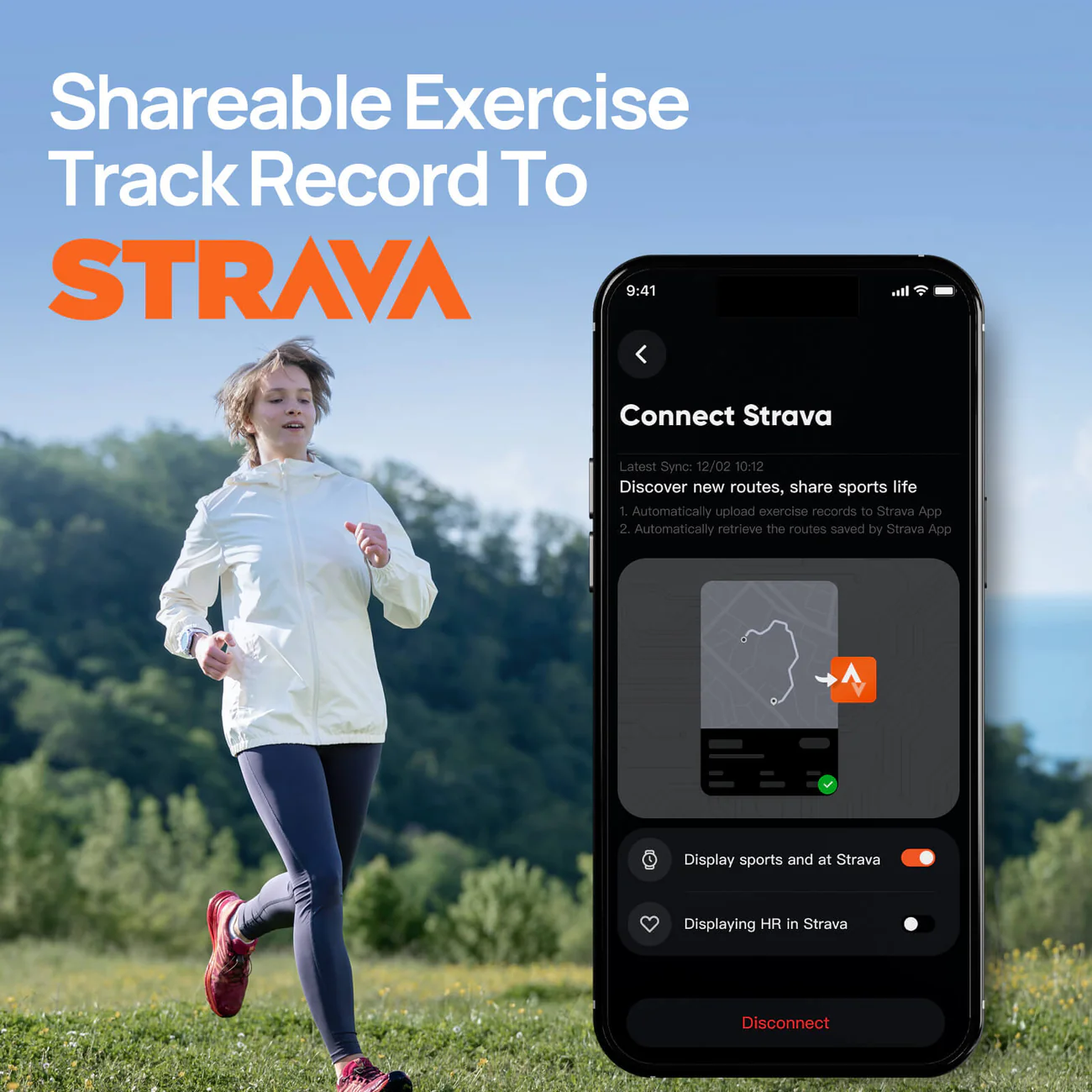 Donna che corre nel parco, telefono mostra connessione Strava. L'app mostra percorsi e dati FC. Anche il logo STRAVA è visibile.