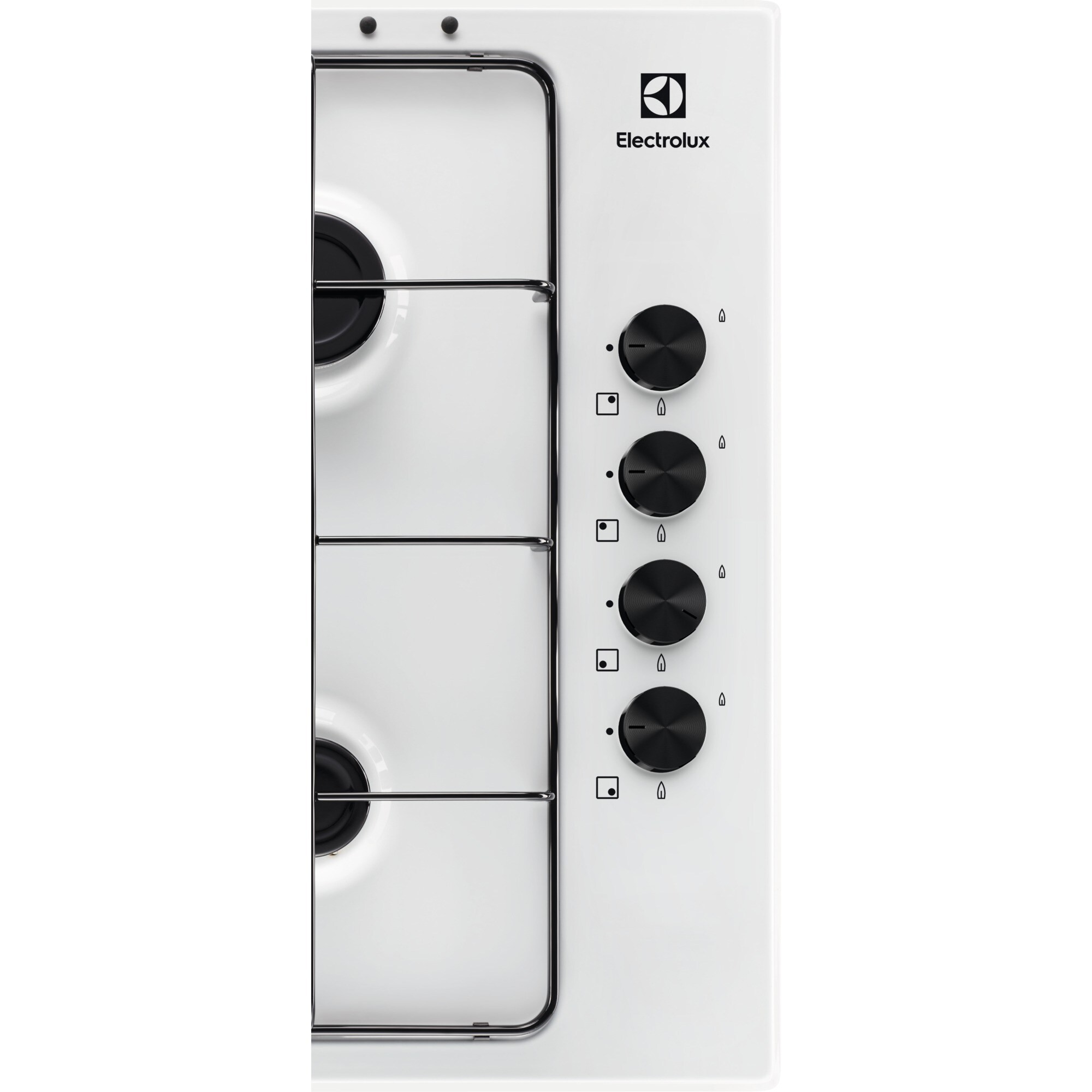 Placa de cocina Electrolux blanca con mandos negros. Se ven quemadores de gas y mandos. El logotipo de Electrolux está arriba.