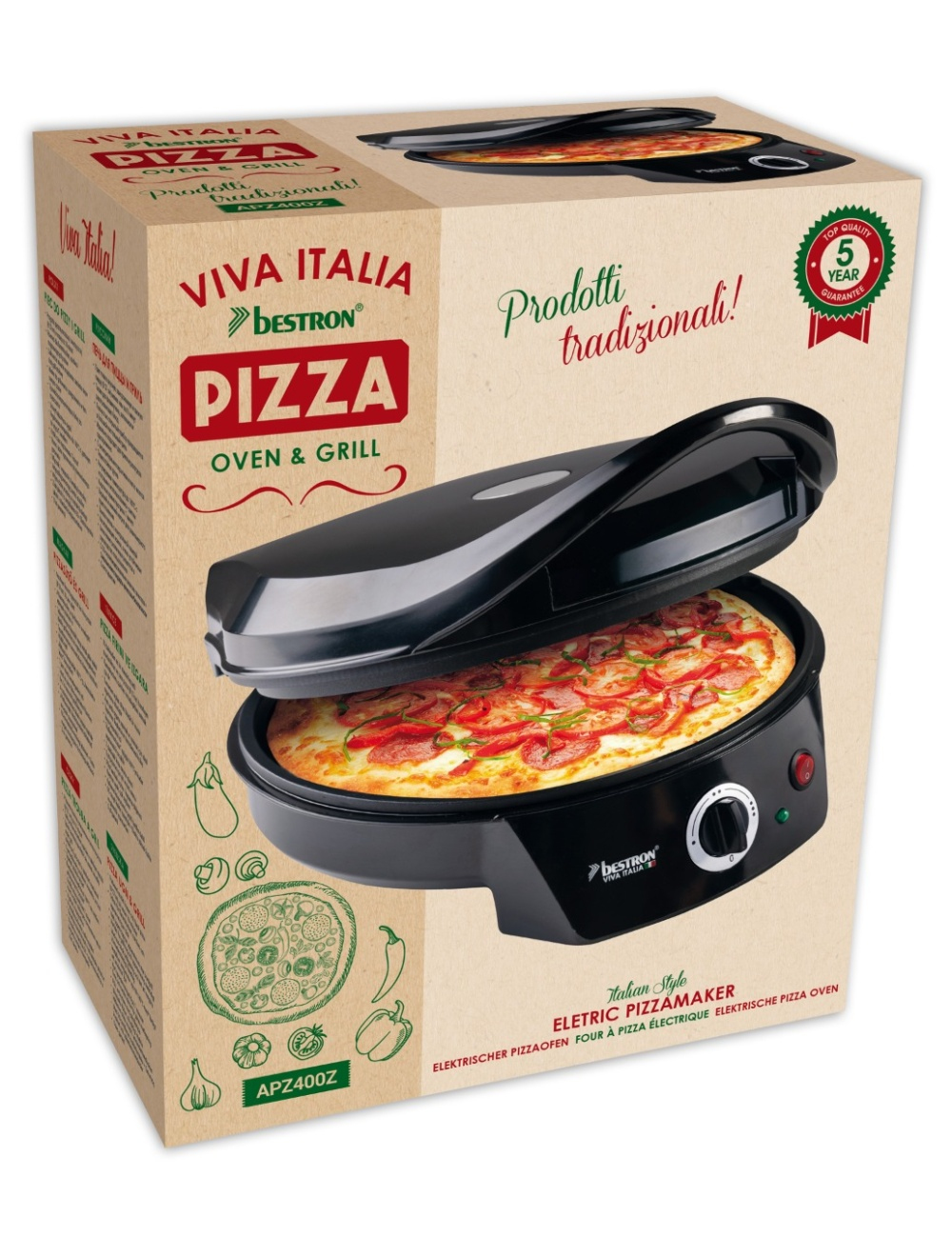 Una scatola per forno e grill per pizza con una pizza all'interno. La scatola presenta la scritta 'Viva Italia Pizza' e illustrazioni di verdure.