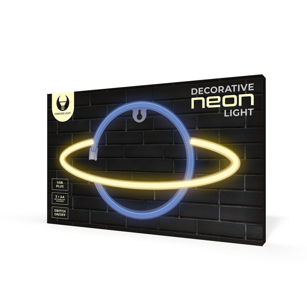 Luce al neon decorativa, anello blu con centro giallo, su sfondo di mattoni neri, testo e logo bianchi.