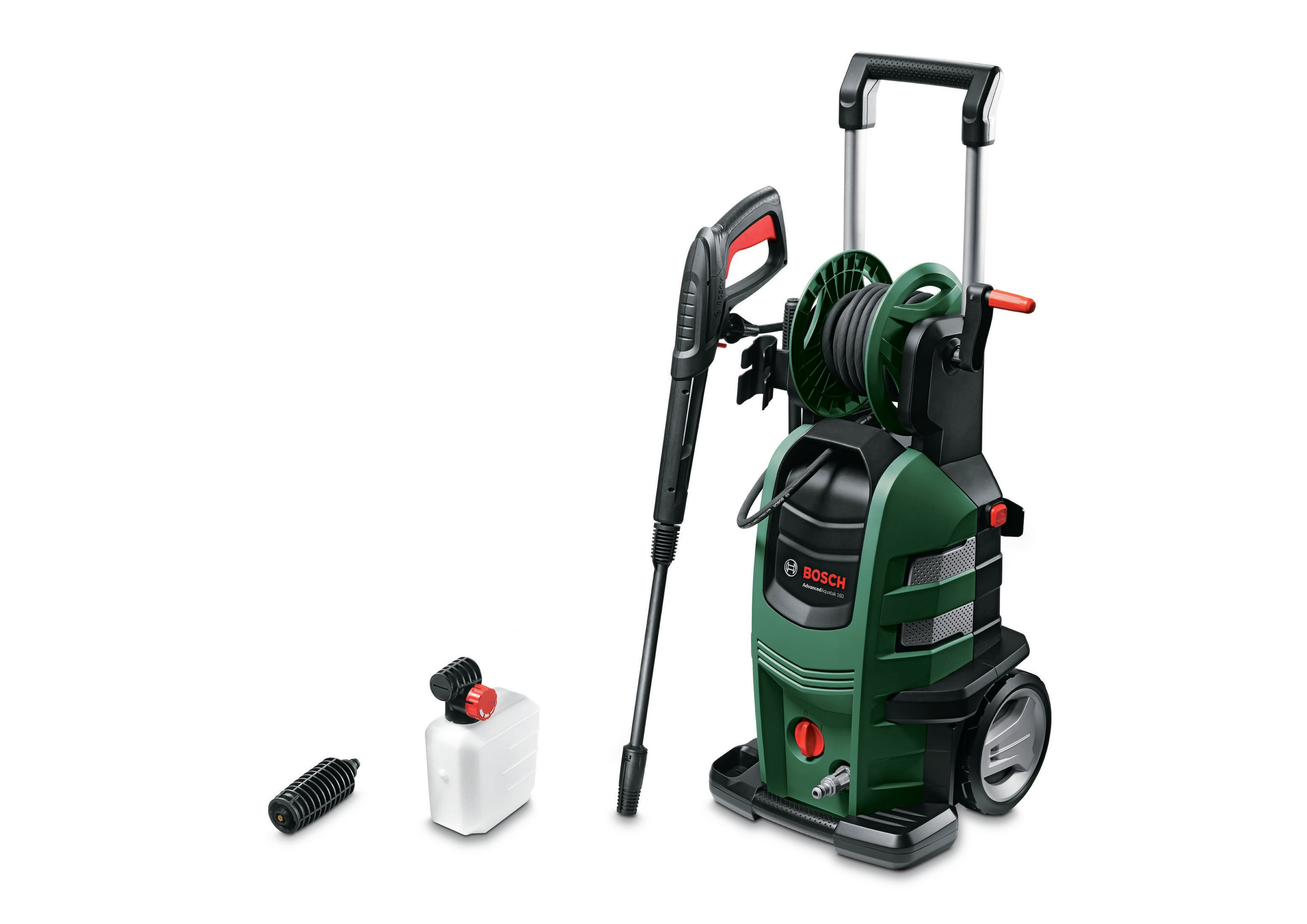 Un nettoyeur haute pression Bosch vert avec accessoires, dont un tuyau, un pistolet et un distributeur de savon, sur fond blanc.