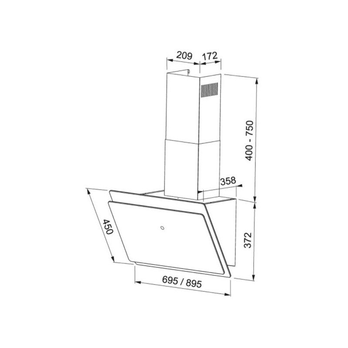 Dibujo técnico de una campana extractora de cocina, con dimensiones en milímetros. Muestra la forma y especificaciones.