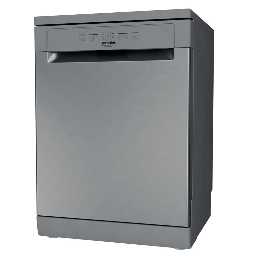 Un lavavajillas Hotpoint gris, vista frontal. Tiene un panel de control con botones y un asa. La superficie tiene aspecto de metal cepillado.