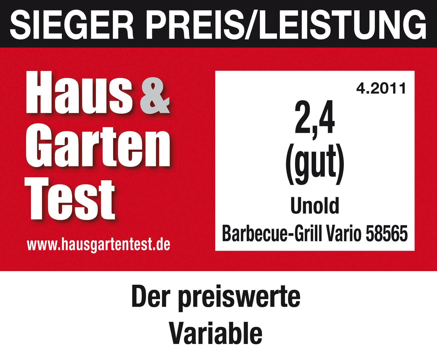 Das Bild zeigt ein rot-weißes Testergebnis. Der Text umfasst 'Haus & Garten Test', eine Bewertung von 2,4 und 'Unold Barbecue-Grill'.