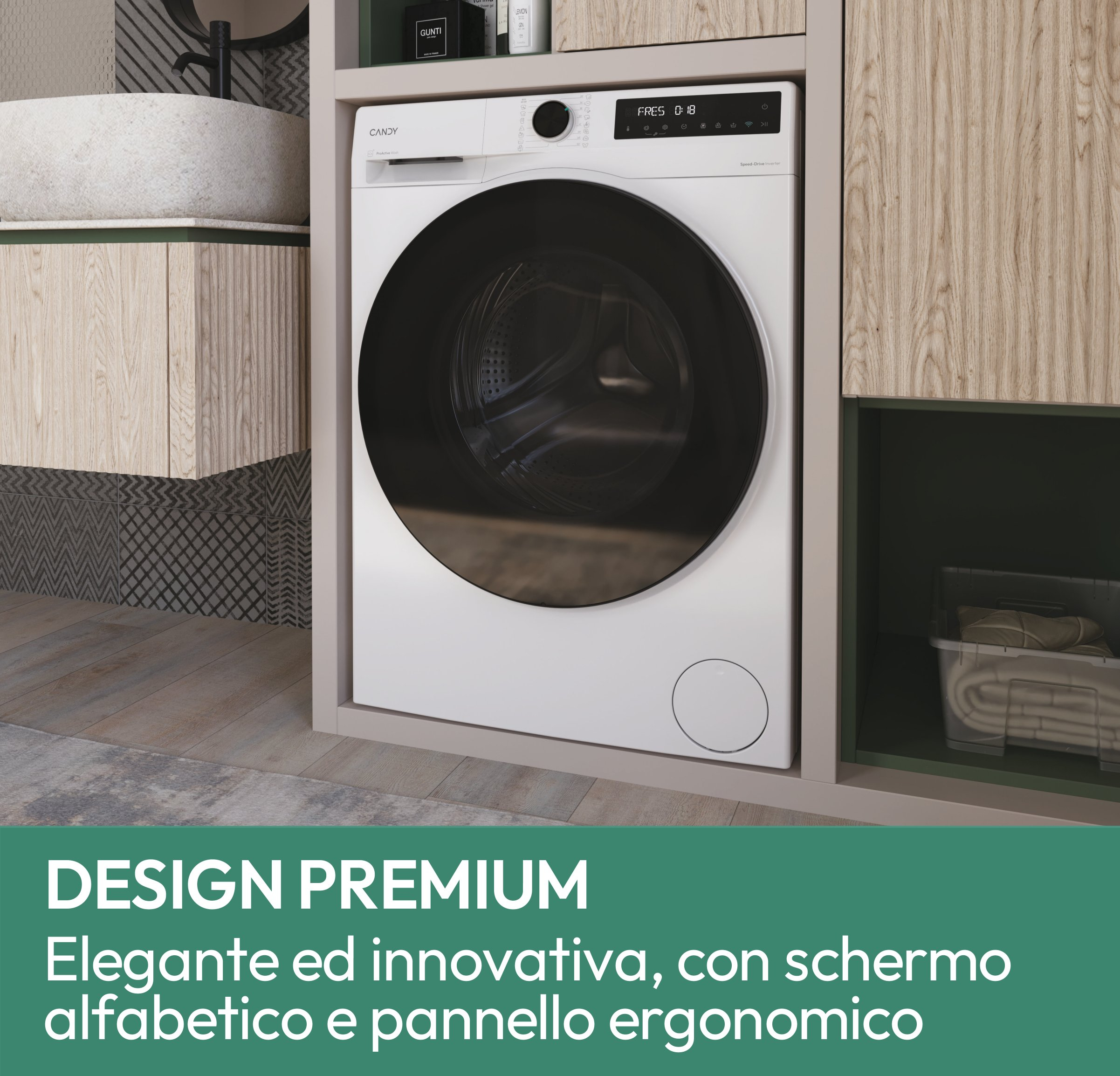 Una lavatrice bianca con porta nera, accanto a mobili in legno e un lavandino. Testo: DESIGN PREMIUM.