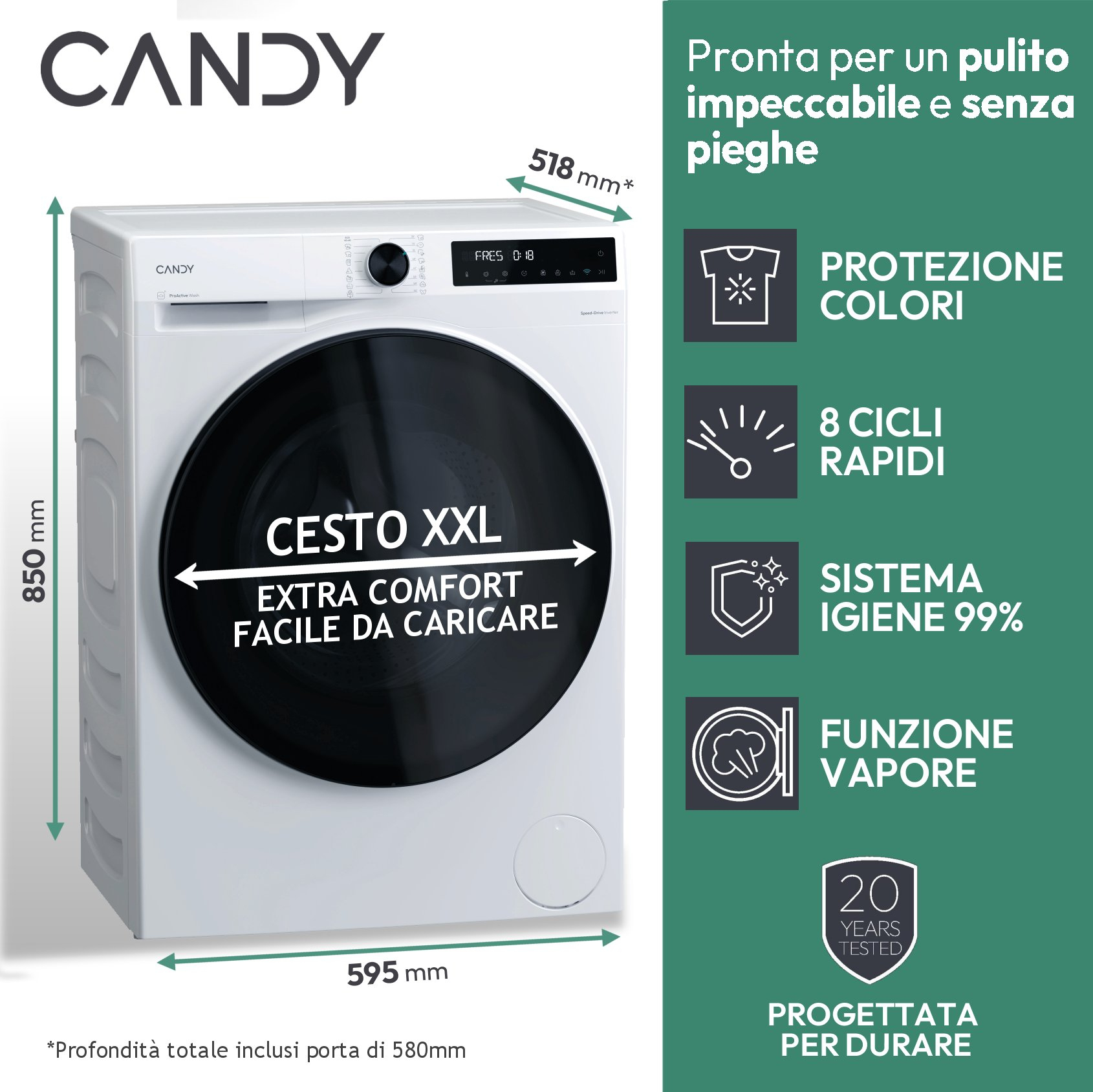 Lavatrice Candy bianca con porta nera. Il testo sulla macchina indica cestello XXL e altre caratteristiche. Vengono visualizzate le dimensioni.