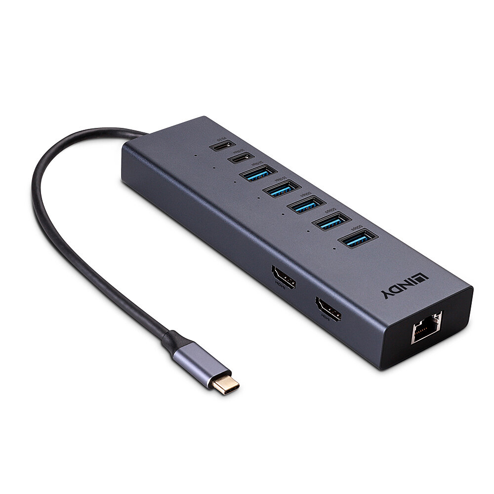 Un hub USB grigio con più porte, tra cui USB, HDMI ed Ethernet. Un cavo USB-C si estende dall'hub.