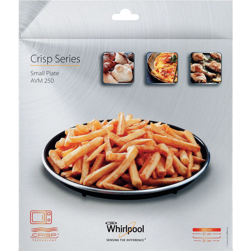Una confezione mostra patatine fritte su un piatto. È un piatto Whirlpool Crisp Series. Ci sono immagini di campioni di cibo. Il piatto è di 25 cm.