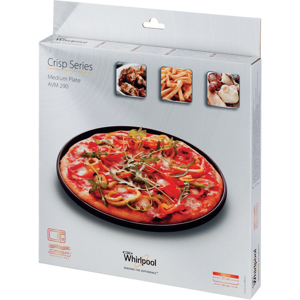 Una scatola Whirlpool mostra una pizza su un piatto nero. La scatola mostra anche immagini di cibo fritto e il logo Whirlpool.
