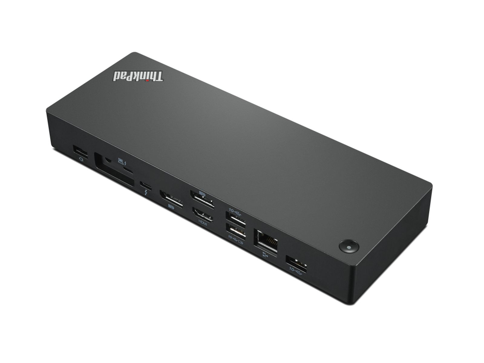 Una docking station ThinkPad nera con varie porte e il logo ThinkPad sulla parte superiore, isolata su sfondo bianco.