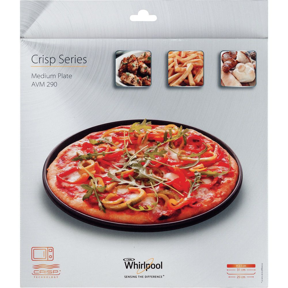Pizza su piatto nero. L'immagine pubblicizza una piastra media Whirlpool Crisp Series. Include immagini di cibo e dimensioni.