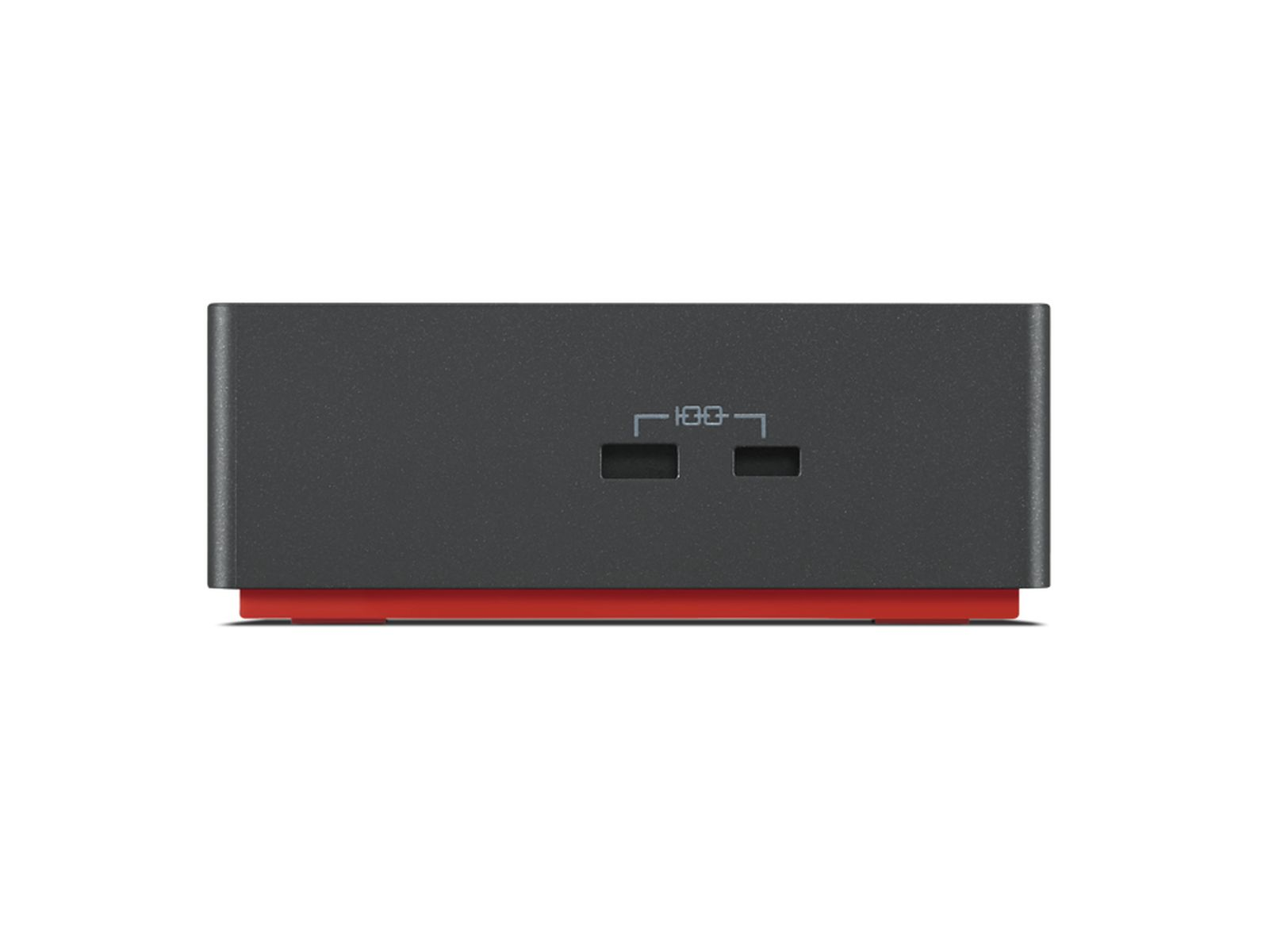 Un dispositivo rettangolare, grigio scuro con base rossa. Sono visibili due piccole aperture e un display digitale.