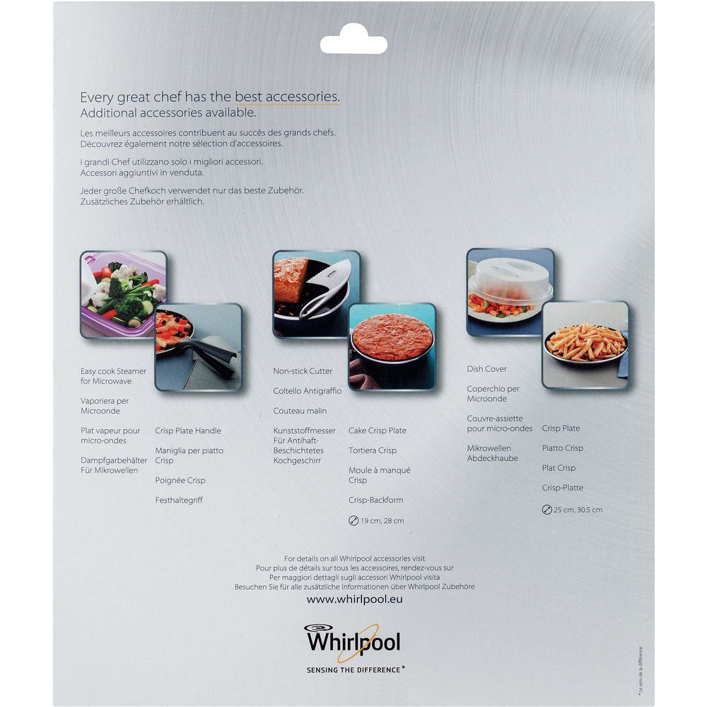 Immagine promozionale per accessori Whirlpool, che mostra vari utensili da cucina e testo in più lingue.