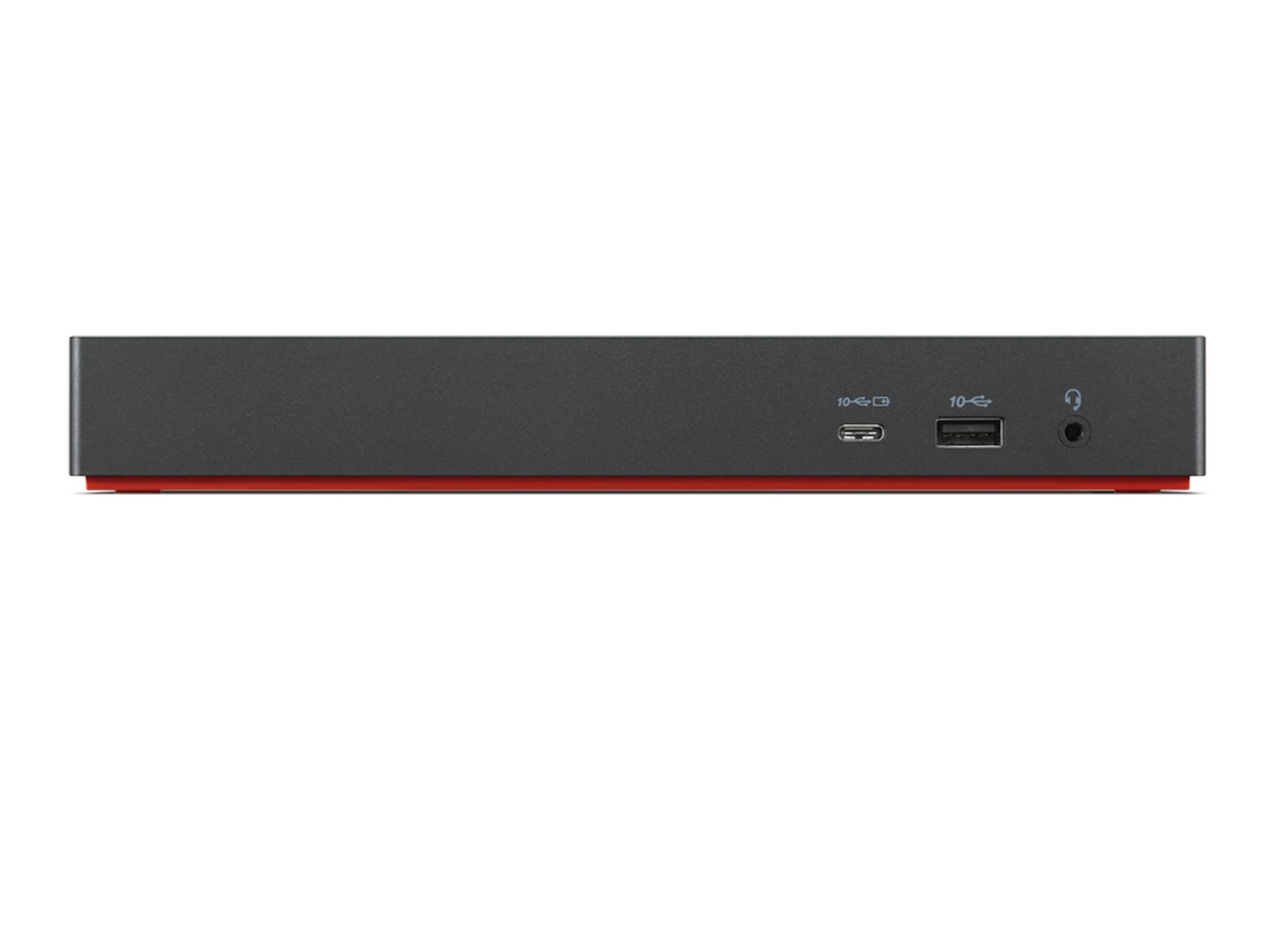 Un dispositivo grigio scuro con una striscia rossa. Ha porte USB, USB-C e cuffie. Lo sfondo è bianco.