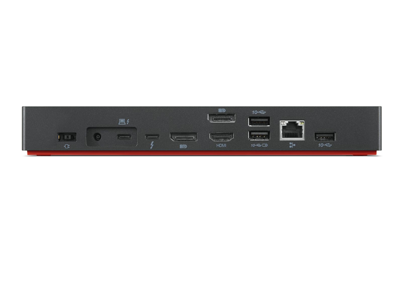 Una docking station nera con varie porte e connettori, tra cui HDMI, USB ed Ethernet, su sfondo bianco.