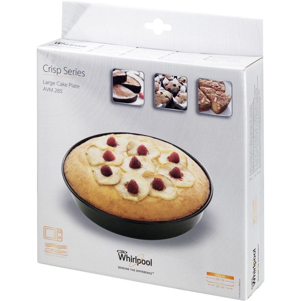 Una scatola per piatto da torta con una torta all'interno. La scatola è bianca con immagini di cibo. Il marchio Whirlpool è visibile.