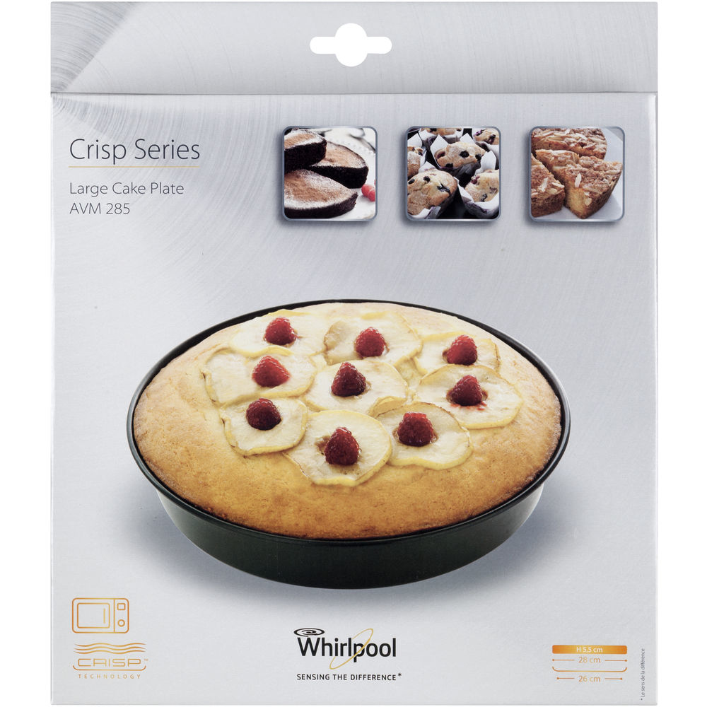 Una torta in una teglia nera, guarnita con fette di mela e lamponi, sulla confezione. La confezione ha il nome del prodotto e il logo Whirlpool.