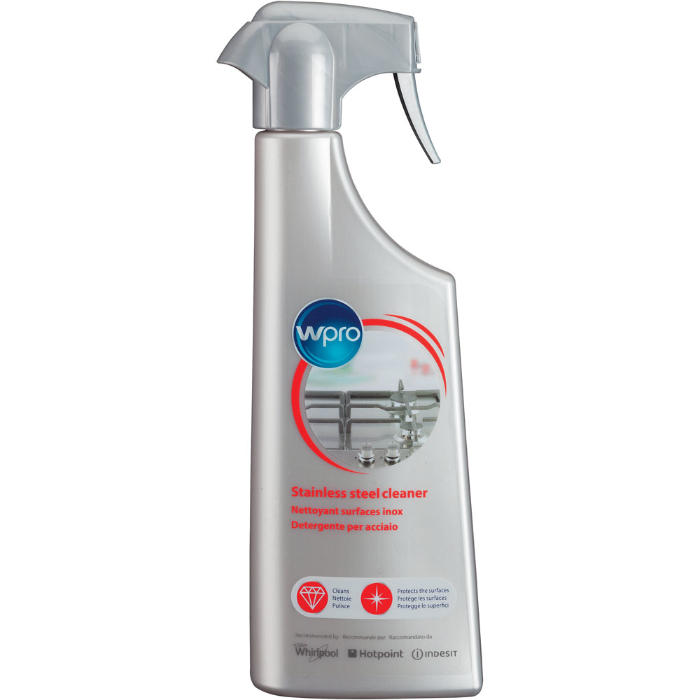 Una bottiglia spray d'argento di detergente per acciaio inossidabile Wpro. Il testo include 'Detergente per acciaio inossidabile' e i loghi di Whirlpool, Hotpoint e Indesit.